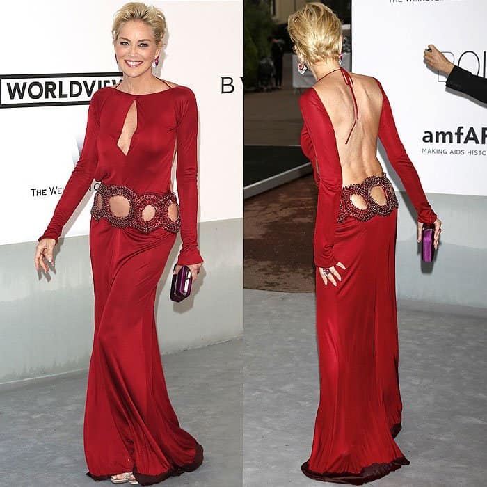 Sharon Stone's Roberto Cavalli dress that was made of stretch jersey was heavily weighed down by a water-soaked hemline