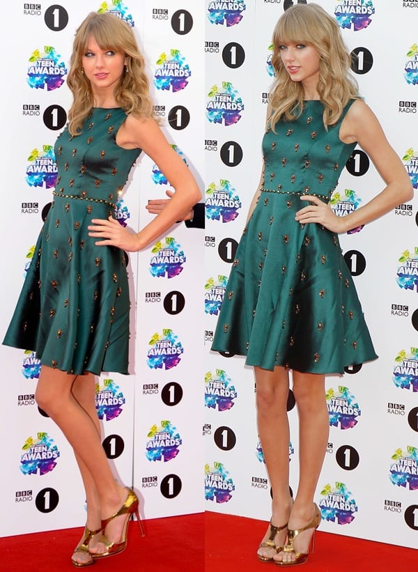 Taylor Swift paired the dress with gold beaded Christian Louboutin sandals and exquisite Neil Lane earrings at the BBC Radio One Teen Awards