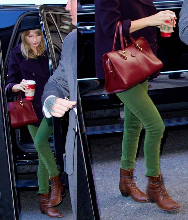 Taylor Swift wore a pair of olive green pants with a purplish jacket and a pair of brown boots