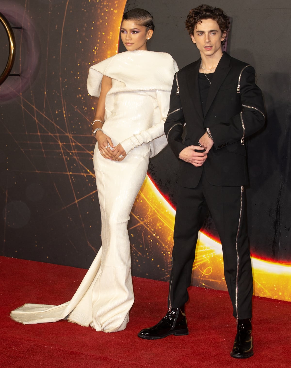 Timothee Chalamet in Alexander McQueen and Zendaya in Rick Owens at the premiere of Dune