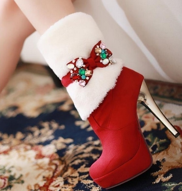 High-Heel Winter Boots Featuring Removable Rhinestone Bowknots