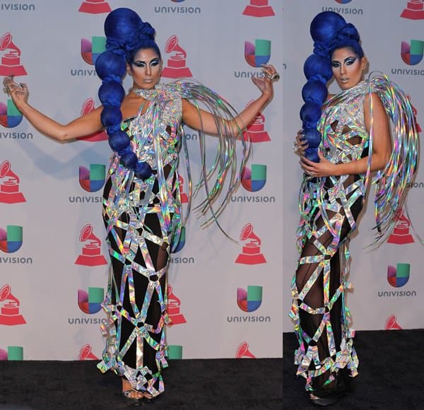 Z Lala at the 2013 Latin Grammy Awards in a space-age dress with Marge Simpson-inspired hair