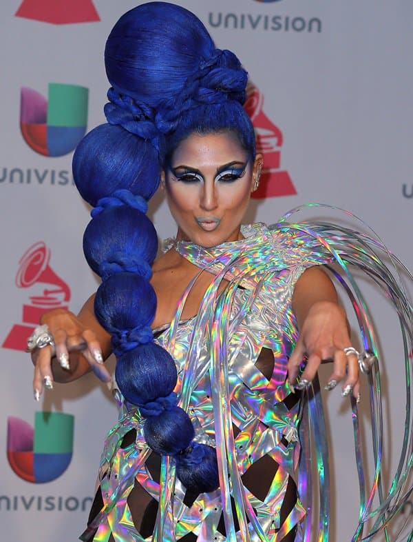 Z Lala dazzles with a space-age dress and Marge Simpson-inspired hair at the Latin Grammys