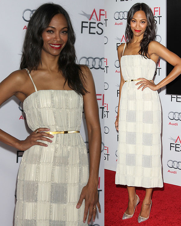 Zoe Saldaña looked gorgeous in a cream Calvin Klein dress with shimmery embroideries and embellishments that created a check-like pattern