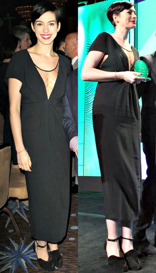 Anne Hathaway wore a Fall 2013 black dress from Vionnet and a pair of black suede d’Orsay pumps from Prada