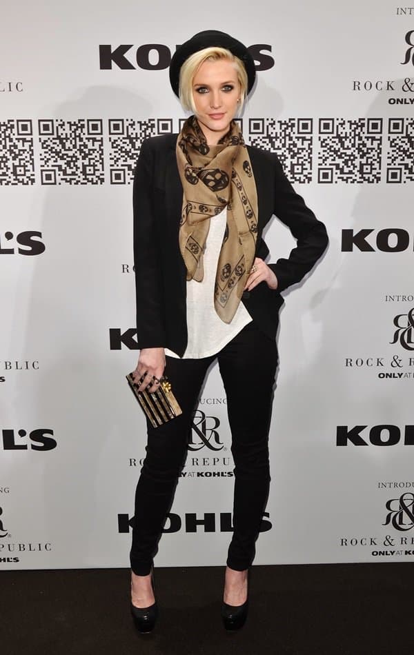 Ashlee Simpson pairs her scarf with a classic black blazer as she attends the Rock & Republic for Kohl's Fall 2012 Fashion Show