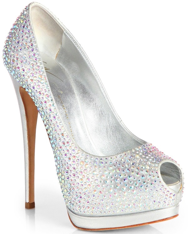 Giuseppe Zanotti Rhinestone Metallic Leather Peep Toe Pumps