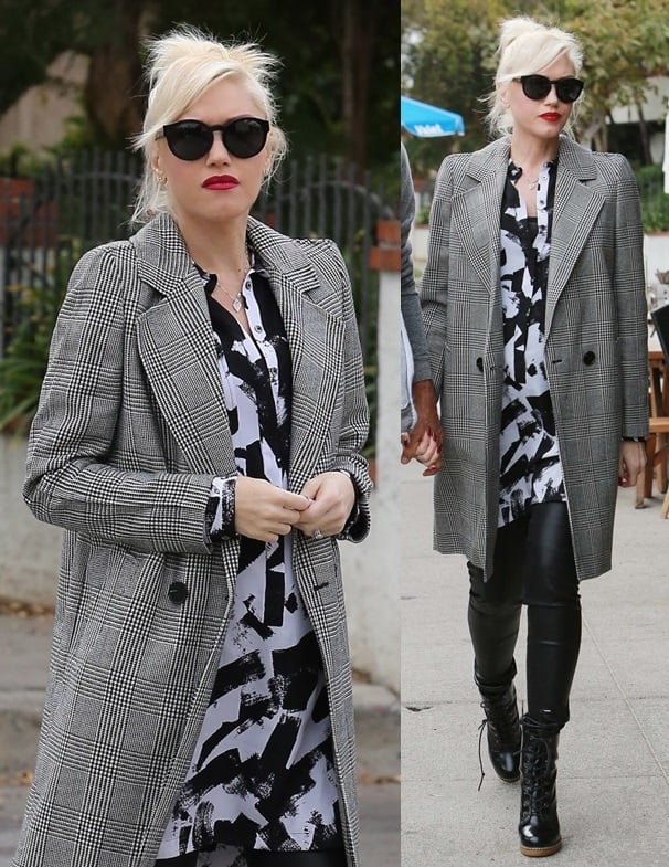 Gwen Stefani wears her platinum hair back in a messy updo while out in Sherman Oaks