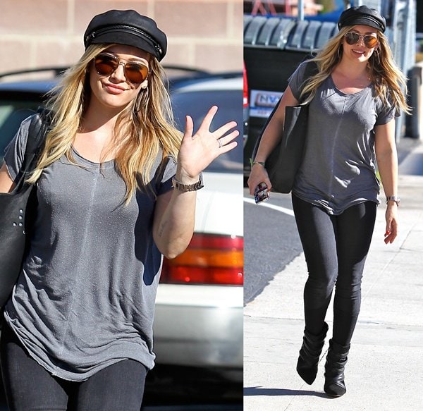 Hilary Duff steps out in a casual-chic look, pairing her Isabel Marant "Tacy" boots with a relaxed gray tee, black skinny jeans, aviator sunglasses, and a stylish newsboy cap
