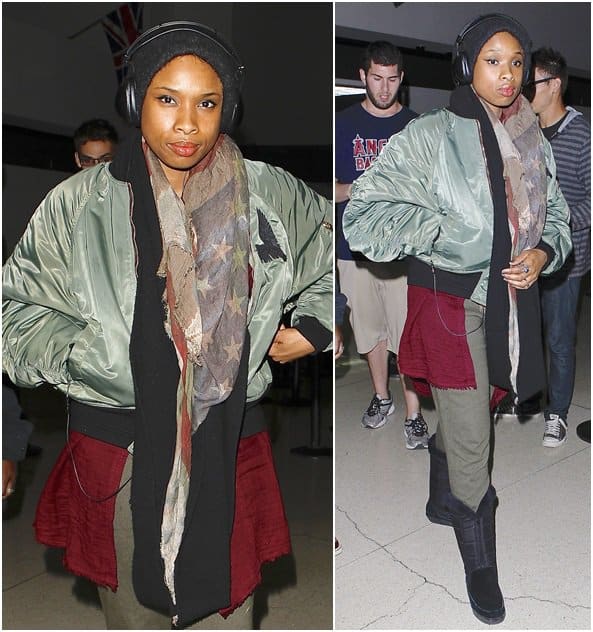 Jennifer Hudson arrives at LAX in a stylish layered look, bundled up in several scarves after a chilly Chicago flight, November 12, 2013