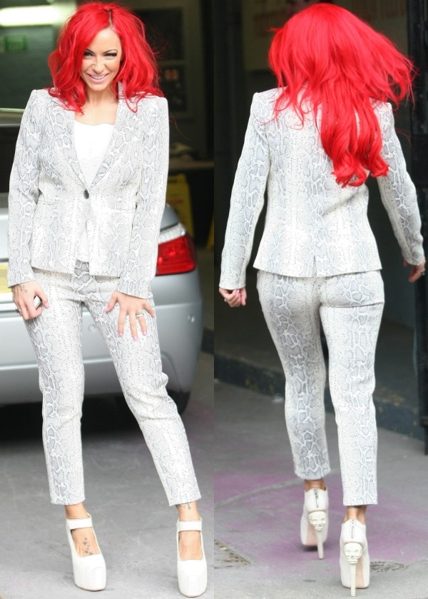 Jodie Marsh in a snakeskin suit outside the ITV Studious in London, England, on April 3, 2013