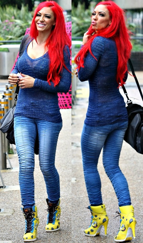 Jodie Marsh leaving the ITV Studios wearing tight blue jeans in London, England, on July 16, 2012