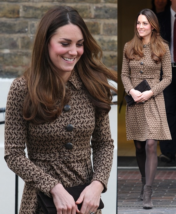 Catherine, Duchess of Cambridge, steps out in a classic Orla Kiely dress during her visit to the Only Connect head office on November 19, 2013, in London, England
