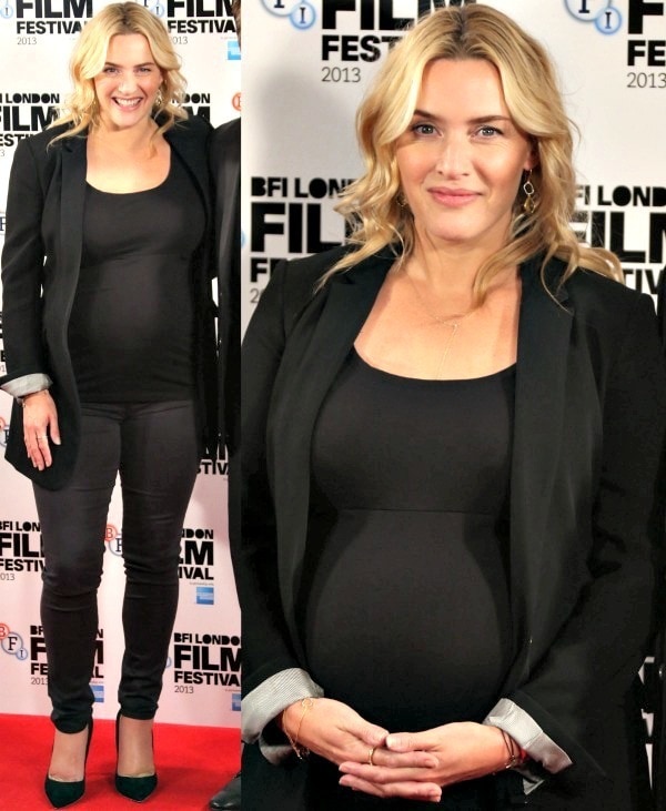 Kate Winslet sparkled in diamonds, completing her look with black suede 'Elba' pumps by Rupert Sanderson