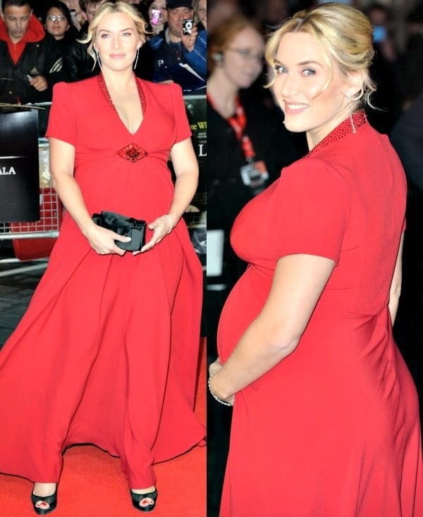 Kate Winslet wore a gorgeous red dress from Jenny Packham and a pair of "Ambrosina" pumps from Christian Louboutin