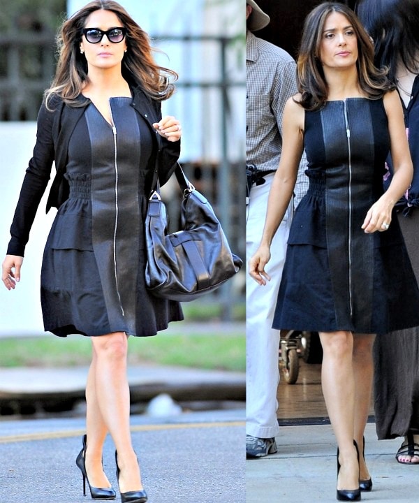 Salma Hayek shows how to wear a sexy dress with high heels and a cardigan