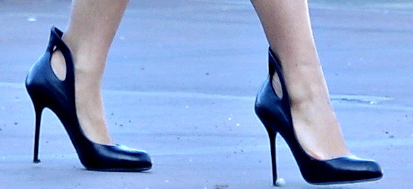 Salma Hayek shows off her feet in Oblo cutout pumps