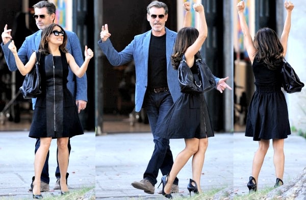 Salma Hayek and her co-star Pierce Brosnan dancing on the set of their film How to Make Love Like an Englishman in Los Angeles