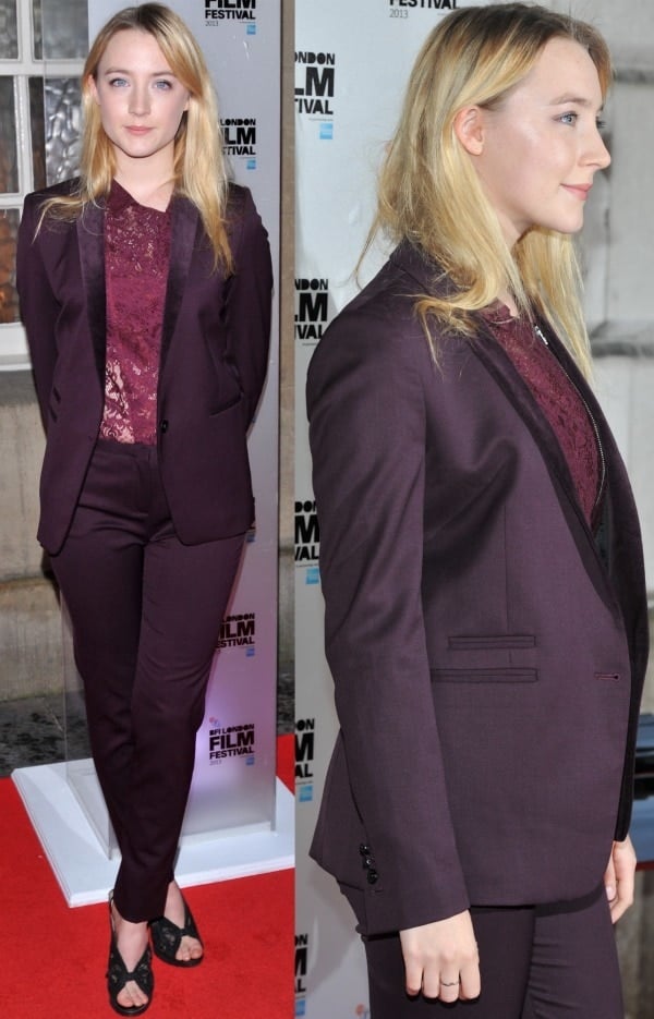 Saoirse Ronan was spotted during the 2013 BFI London Film Festival Awards wearing a stylish purple three-piece suit paired with Nicholas Kirkwood Fall 2009 sandals with black lace panels