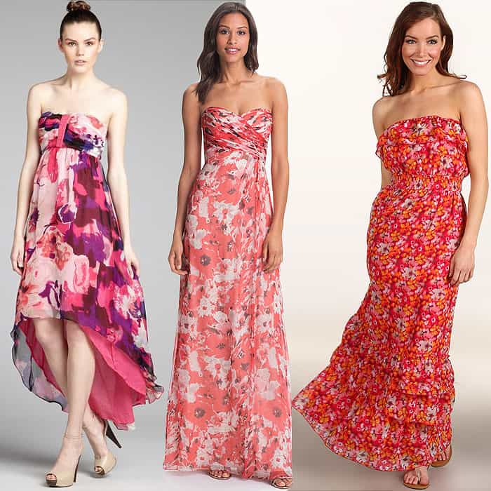 Strapless pink maxi dresses inspired by Gwen Stefani's maternity style: KAS New York "Amanda" Dress, $220 / Amsale "Amore" Gown, $370 / Max and Cleo "Elsa" Ruffle Gown, $148