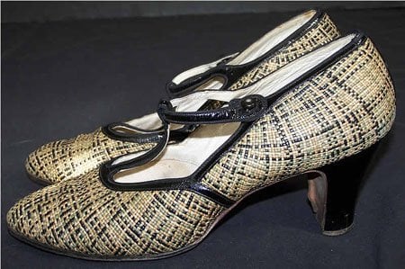 1920s Green and Black T-Strap Straw Shoes