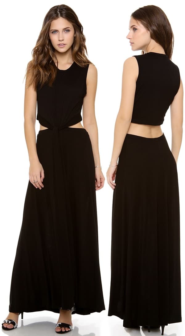 A twisted knot links the bodice to the skirt on a divided black maxi dress