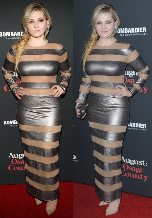 Abigail Breslin dazzles in a silver-and-nude-panel long-sleeve dress by Norma Kamali
