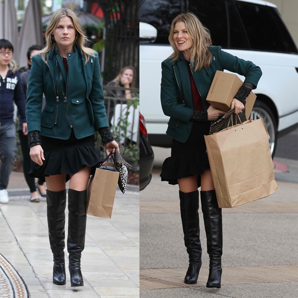 Ali Larter wears a jacket with a double-high collar and asymmetrical front