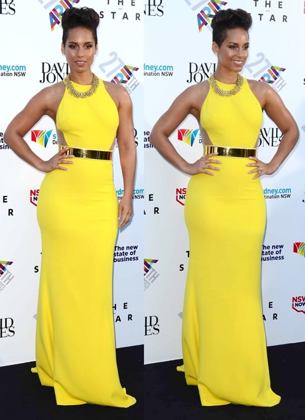 Alicia Keys chose a Stella McCartney racerback gown in a vivid-yellow hue, which stood out for its brightness and simplicity at the 27th Annual ARIA Awards