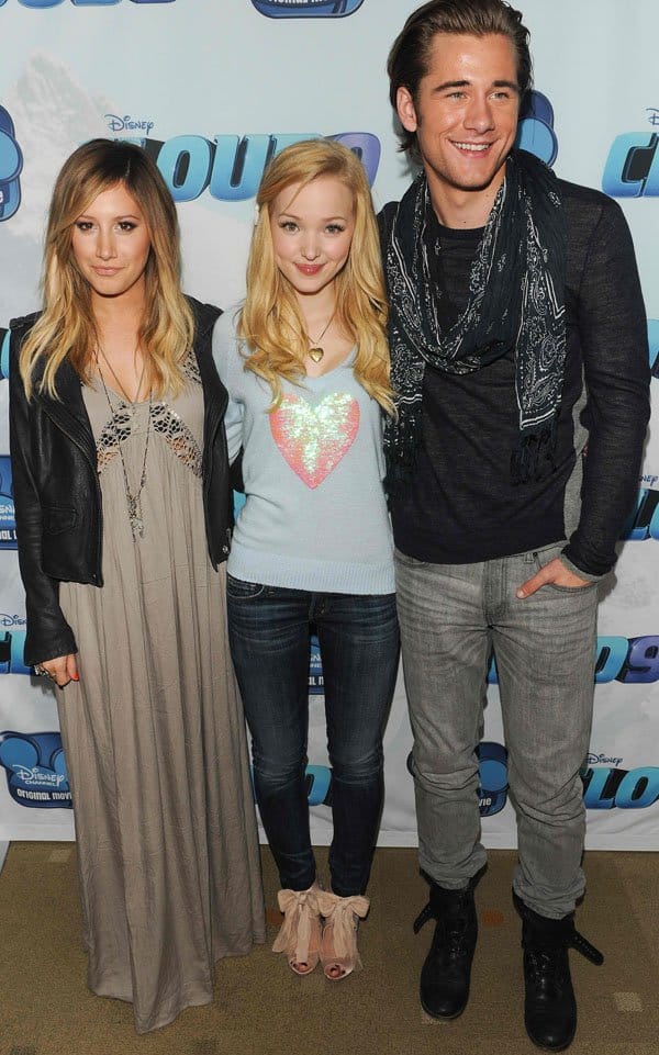 Ashley Tisdale and Dove Cameron, both around 5ft 2 (158 cm), stand significantly shorter next to Luke Benward, who is 6ft 2 (188 cm)