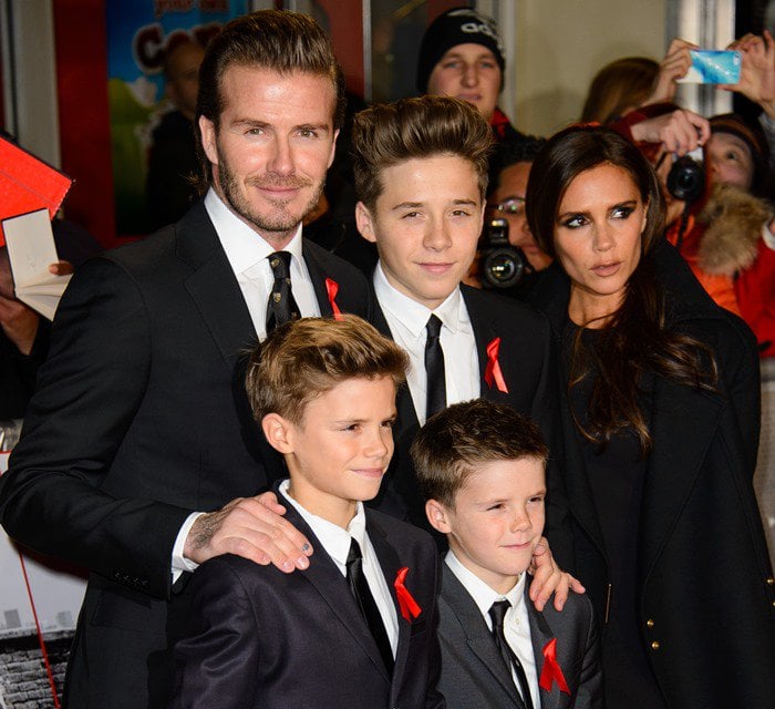 David Beckham, Romeo Beckham, Brooklyn Beckham, Cruz Beckham, and Victoria Beckham attend the world premiere of "The Class of ’92"