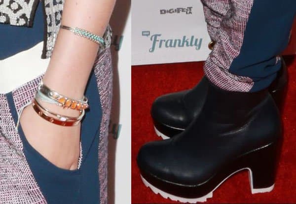Close-up of Bella Thorne's bracelets and lug-sole boots at DigiFest LA