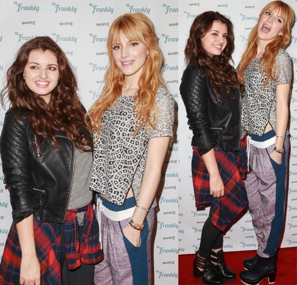 Bella Thorne with Rebecca Black, both sporting casual-chic outfits with plaid accents and stylish footwear