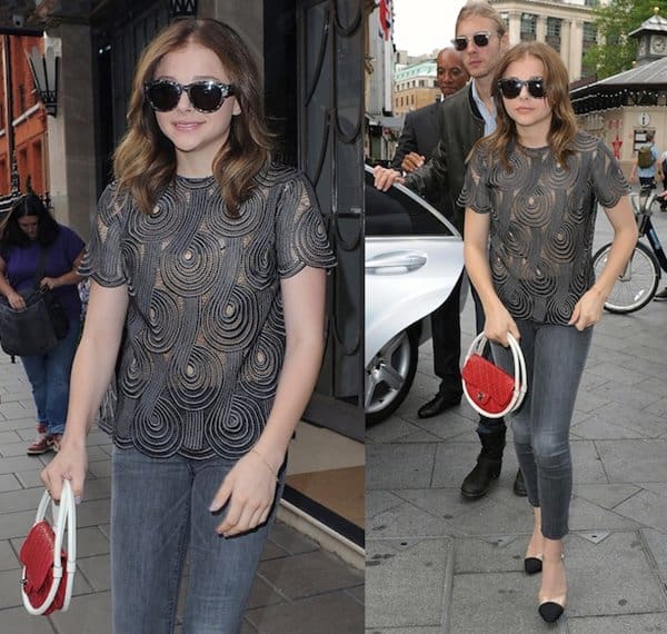 Chloë Moretz steps out in a chic sheer patterned top and skinny jeans, accessorizing with the playful Chanel Hula Hoop bag while promoting Kick-Ass 2 in London on August 5, 2013