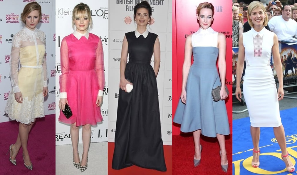 From left to right: Brit Marling, Emma Stone, Hayley Atwell, Jena Malone, and Rosamund Pike, all shining in elegant collared dresses on the red carpet