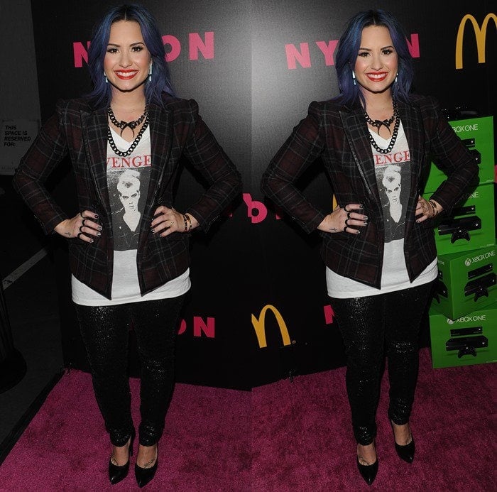 Demi Lovato rocked an Italian wool plaid structured jacket from Marissa Webb