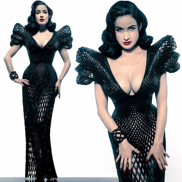 Dita Von Teese modeling the very first fully articulated 3D-printed dress