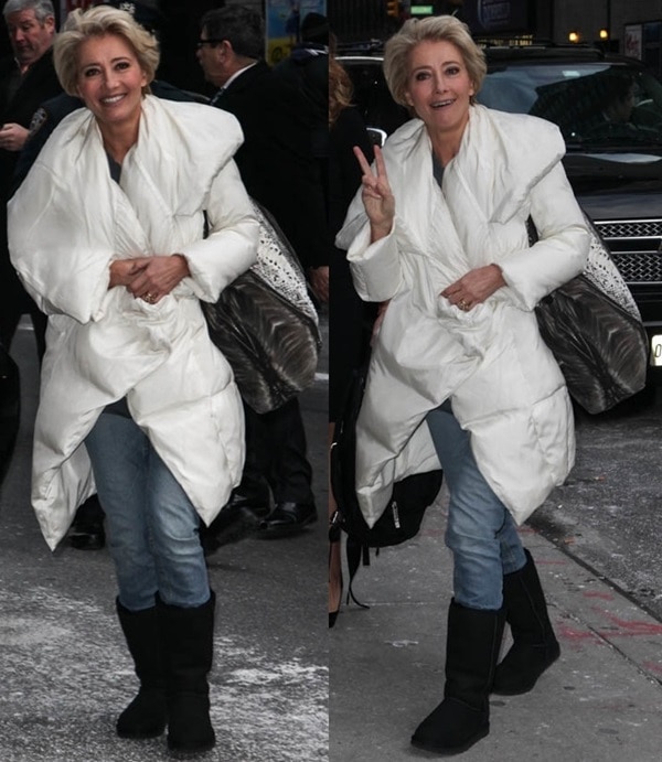 Emma Thompson braved the New York City cold in a large snow jacket, jeans, and classic black UGG boots while visiting the Late Show with David Letterman on December 11, 2013