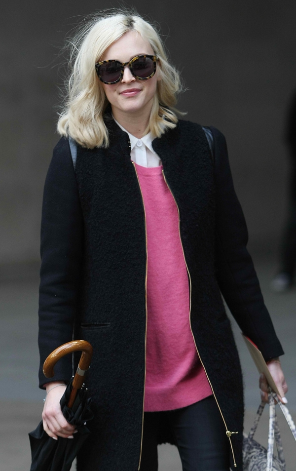 Fearne Cotton styled a white shirt with a pink sweater and a black coat