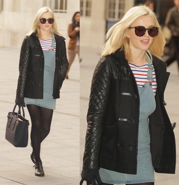 Fearne Cotton arrives at BBC Radio 1 in Central London sporting a stylish quilted leather jacket