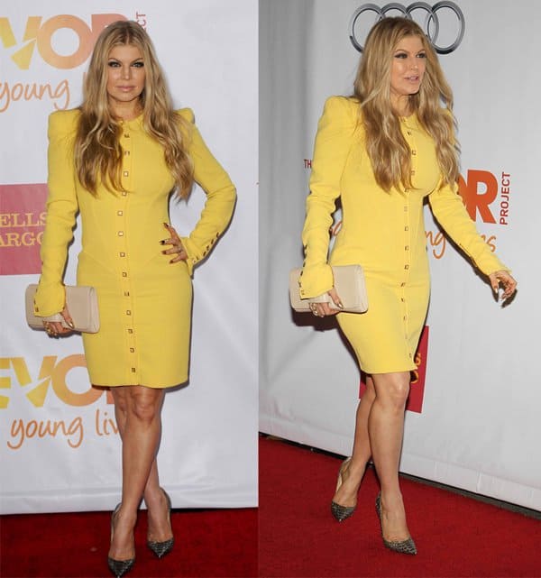 Fergie's accessories for the evening included Christian Louboutin 'So Kate' python pointy pumps, a cream Perrin Paris clutch, and Loree Rodkin jewels at the TrevorLive Project's 15th Anniversary