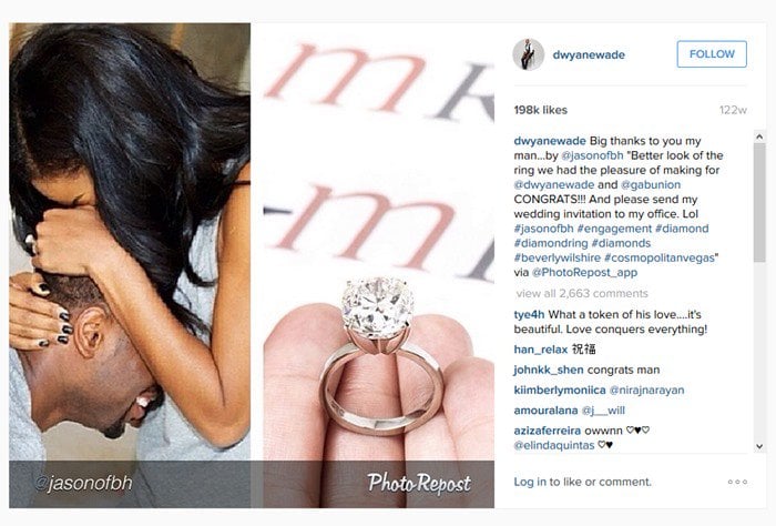 Gabrielle Union's engagement ring features an 8.5-carat cushion cut diamond in a 4 prong setting and a platinum band