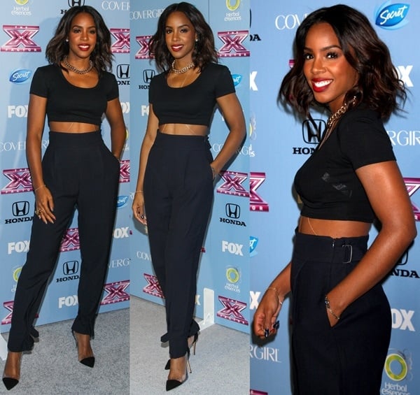 Kelly Rowland styled black Gianvito Rossi PVC-and-suede pumps with matching ankle-tie wool-blend tailored pants