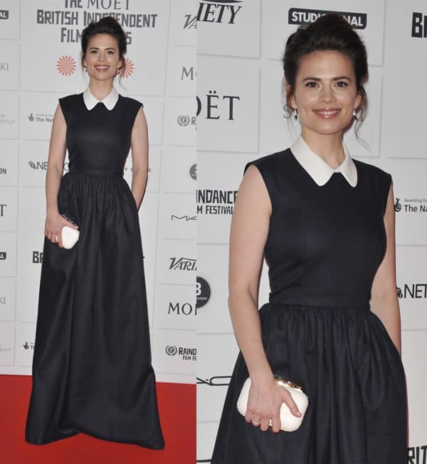 Hayley Atwell stuns in a collared Jasper Conran gown at the 2013 Moet British Independent Film Awards in London