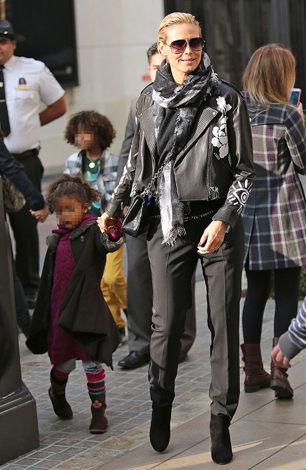 Heidi Klum rocks a stylish leather jacket and scarf while holiday shopping with her kids at The Grove