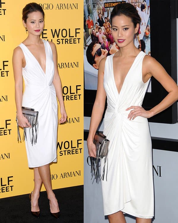 Jamie Chung in a white Cushnie et Ochs Spring 2013 silk jersey dress at the US premiere of 'The Wolf of Wall Street'