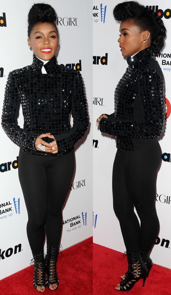 Janelle Monáe wore a black Hilton studded knitback Akris moto jacket
