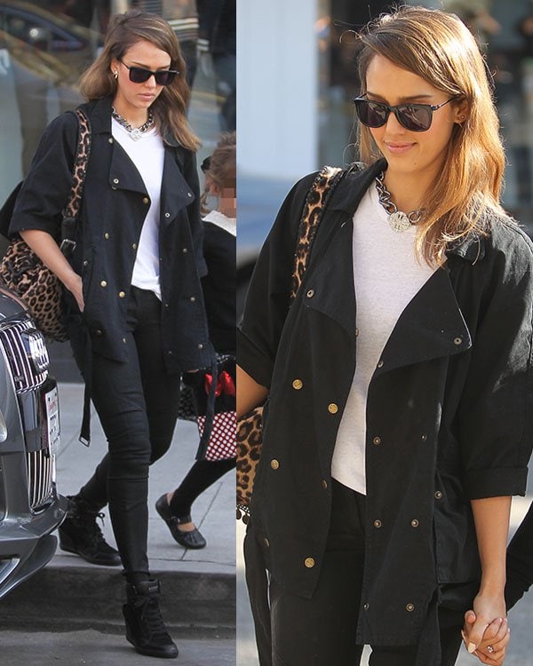 Jessica Alba was spotted having lunch in Beverly Hills on December 22, 2013, wearing a Current/Elliott Infantry Jacket in black, 3x1 Low Rise Skinny Pants in Destructo, and carrying a Simone Camille Leopard Backpack