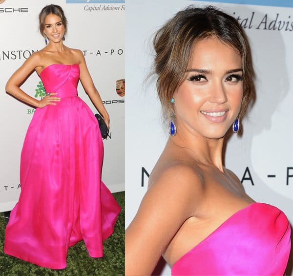 Jessica Alba shines in a magenta Reem Acra gown at the 2nd Annual Baby2Baby Gala in Los Angeles, perfectly complementing her olive skin tone