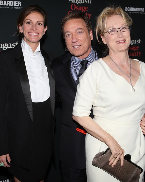 Julia Roberts, Meryl Streep, and Kevin Huvane at the premiere of August: Osage County